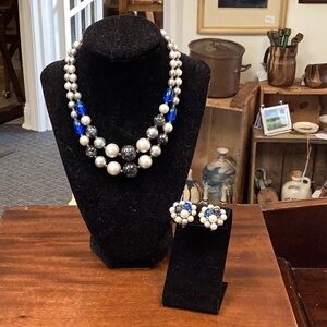 Vintage Faux Pearl and Blue Beaded Necklace with Matching Earrings - Posh!